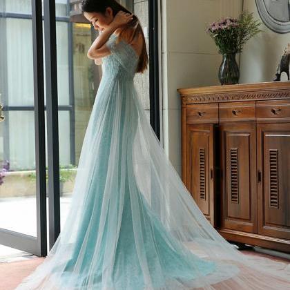 Blue Lace Tulle Evening Dress Off The Shoulder..