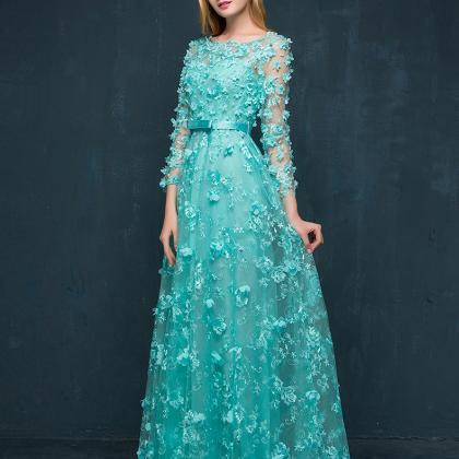 Teal Flower Illusion Tulle Long Sleeve Lace..