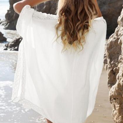White Beach Cover Up Loose Cotton Boho Sleeve