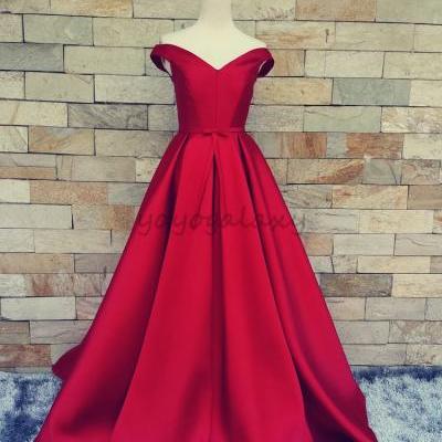 Red Portrait Bow A Line Satin Formal Long Evening Prom Dress