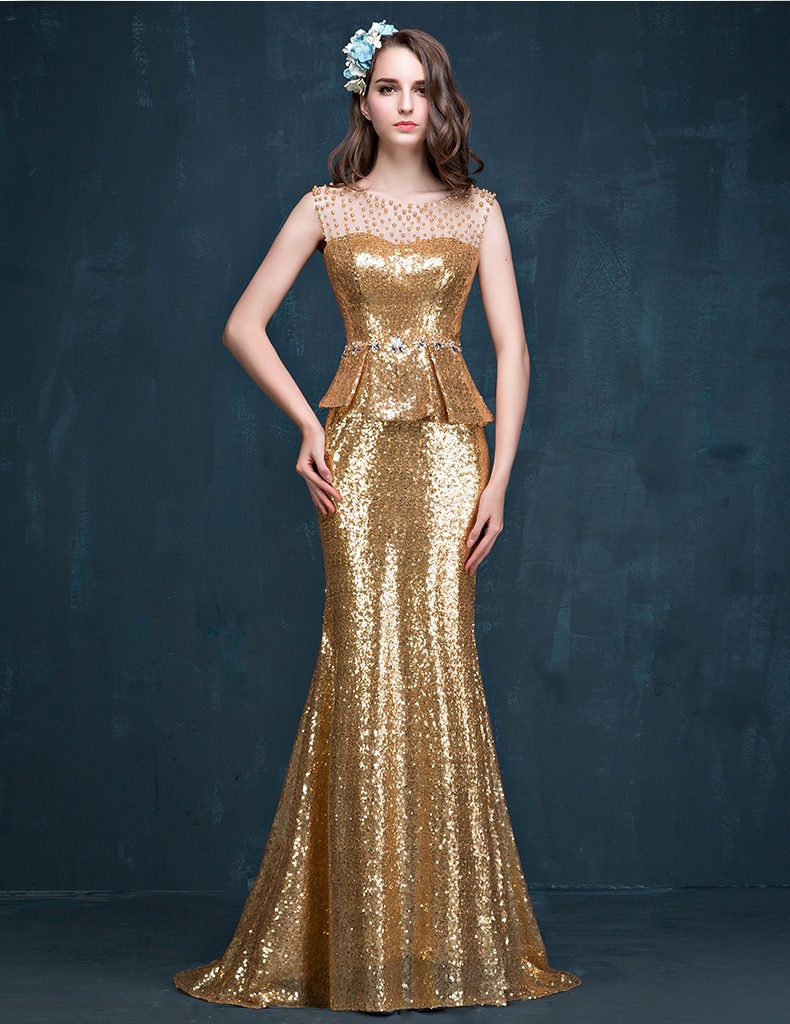 Formal Dress Mermaid Evening Dress Sequins Prom Dress Long Illusion Special Occasion Dress Discount Wedding Guest Dress 2015