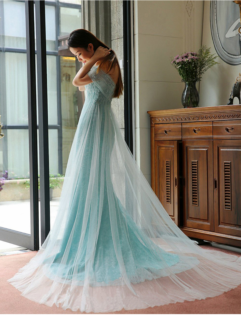 Blue Lace Tulle Evening Dress Off The Shoulder Prom Dress Lace Wedding Dress Formal Special Occasion Dress
