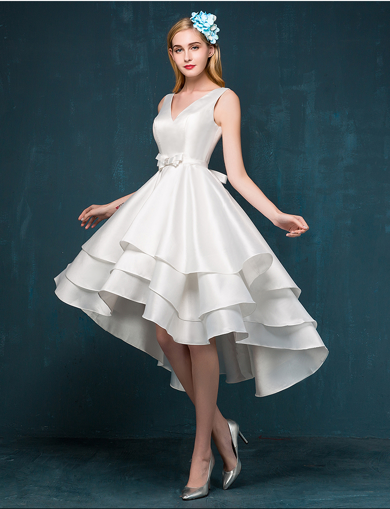 Satin V Neck Bow A-line Hi-lo Prom Dress Asymmetrical Cocktail Dress Design Special Occasion Dress