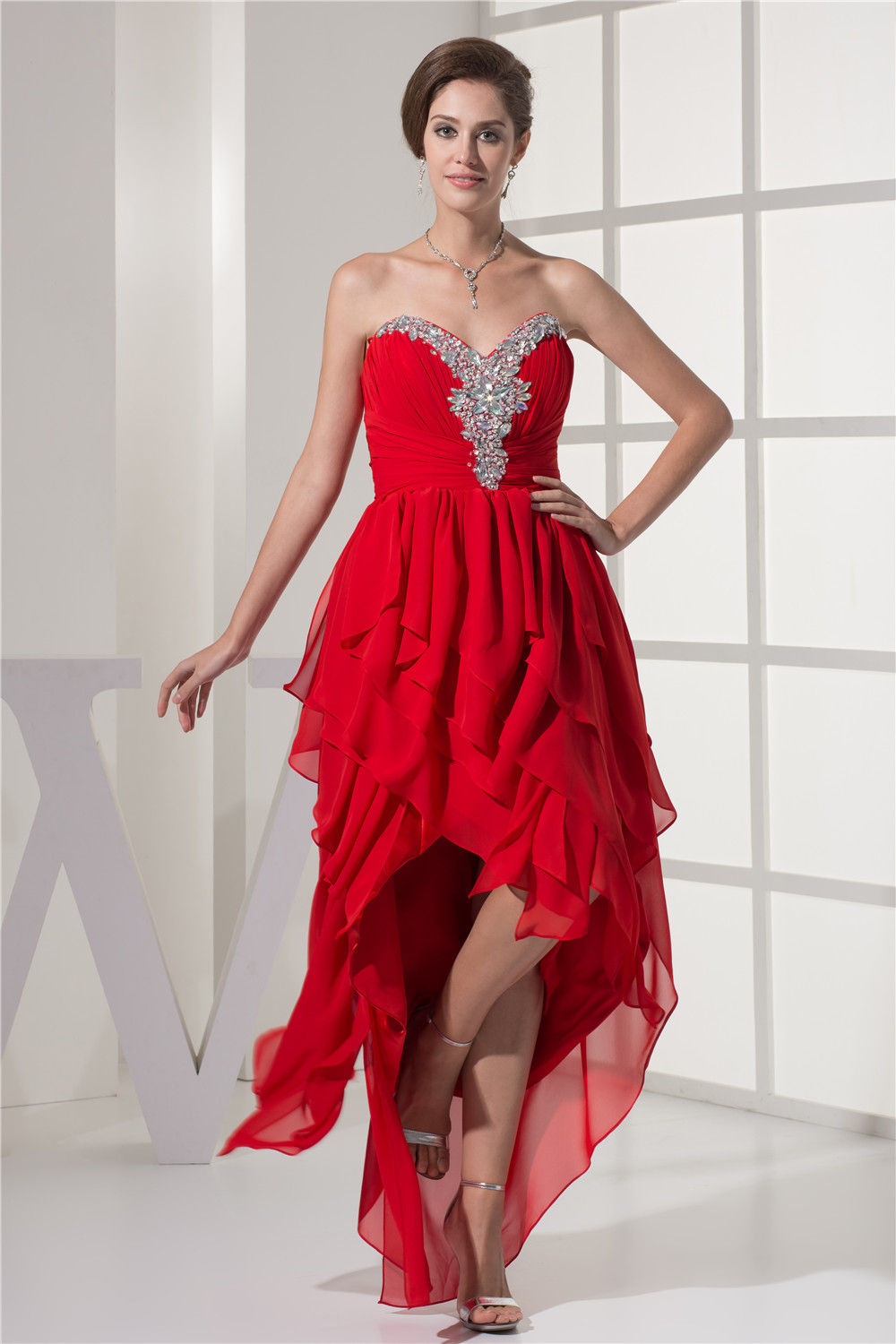 Red High Low Prom Dress Cascading Ruffles Hilo Prom Dress Beading