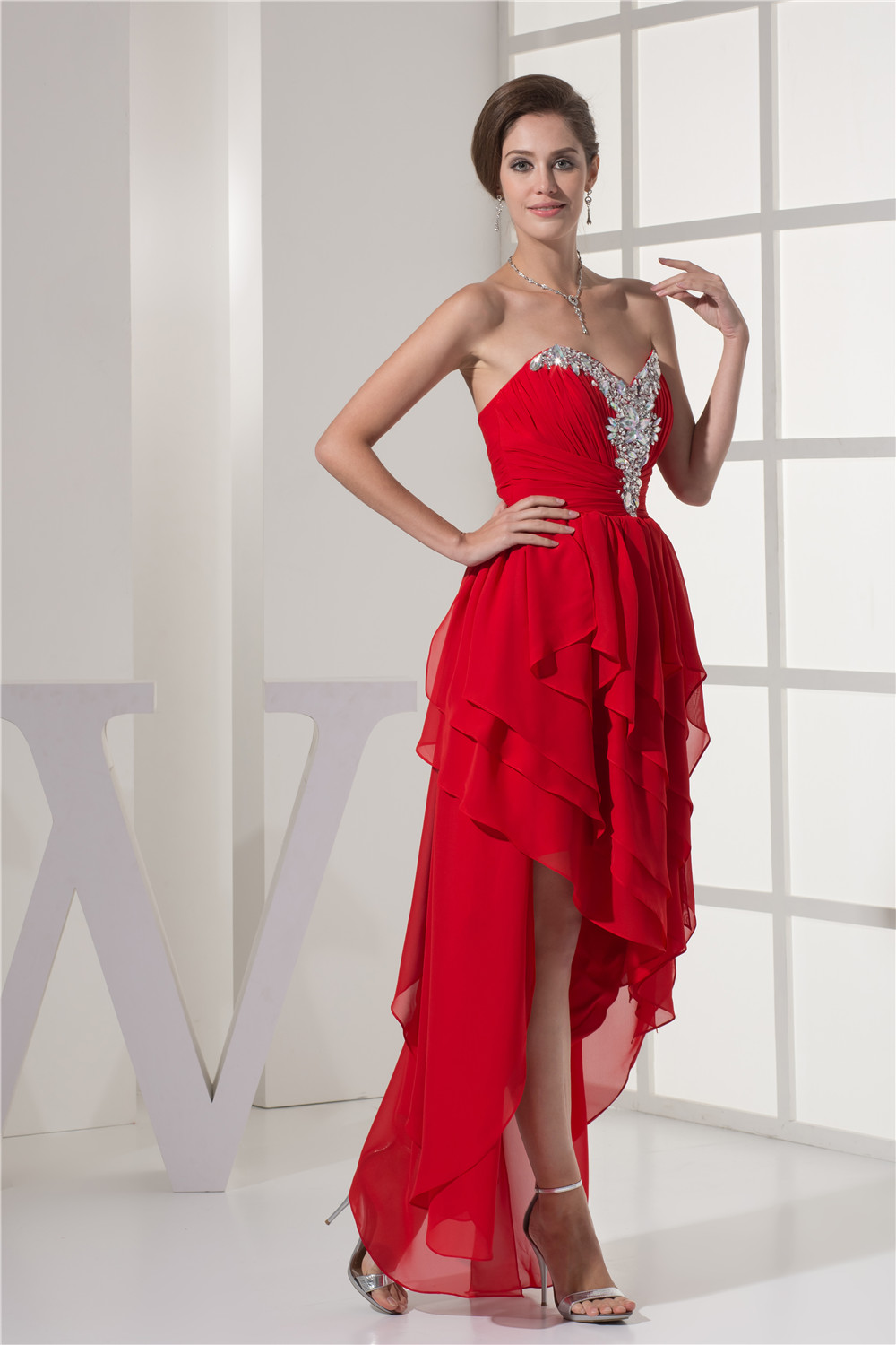 Red High Low Prom Dress Cascading Ruffles Hi-Lo Prom Dress Beading ...
