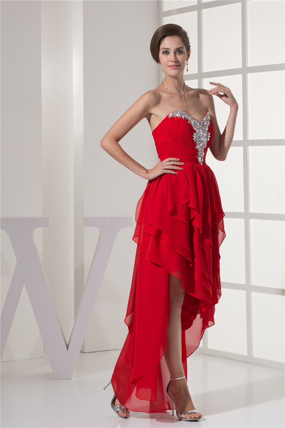 Red High Low Prom Dress Cascading Ruffles Hi Lo Prom Dress Beading