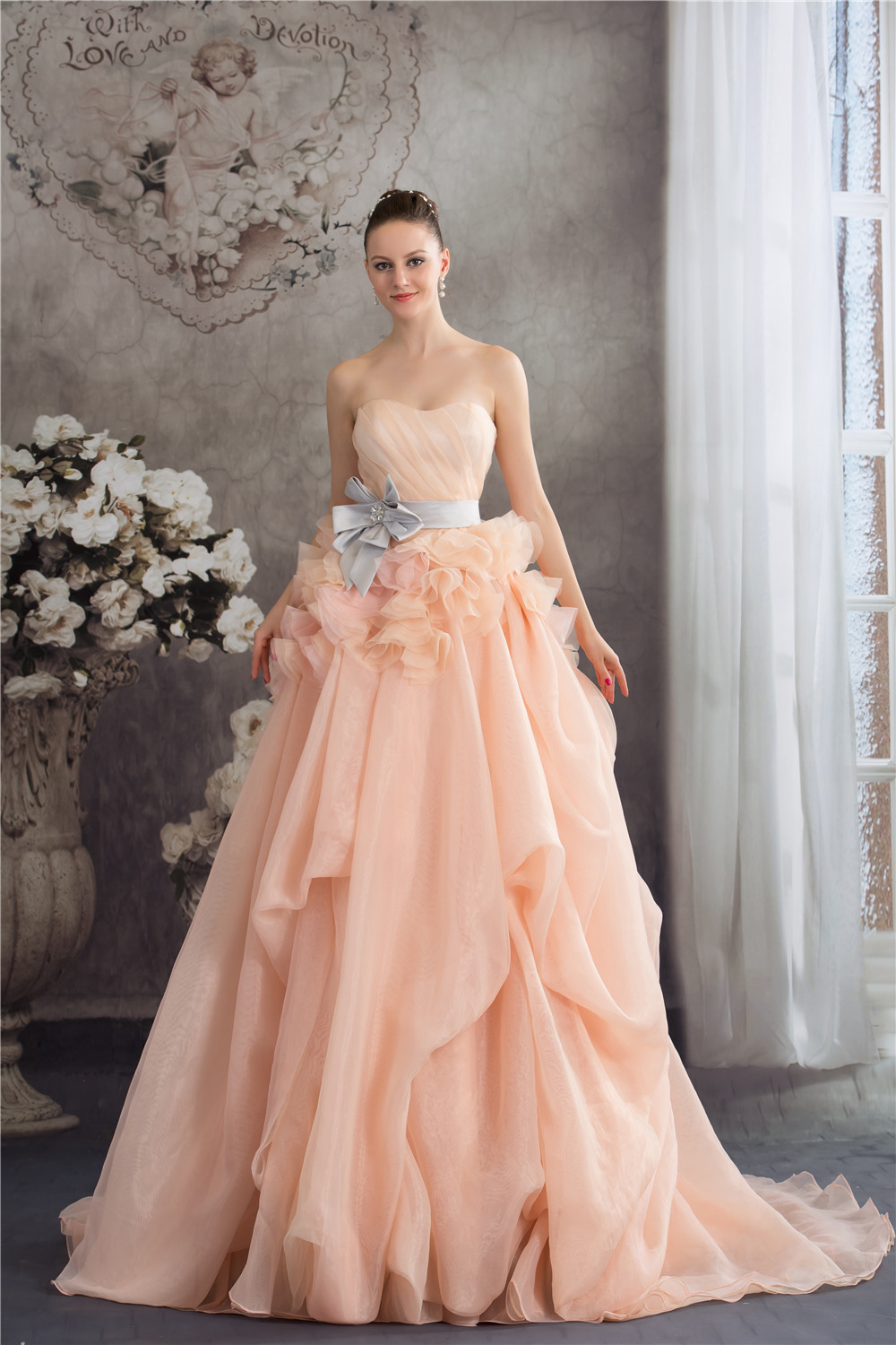 Light Orange Formal Evening Dress Court Train Long Peplum Dresses Strapless Prom Dress With Belt Bow