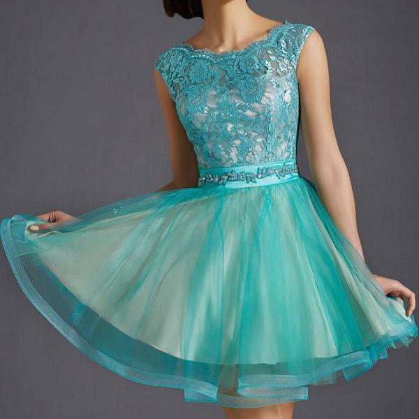 Lace Short Prom Dress Sheer Cocktail Dress Sexy Illusion Lace Homecoming Dress Beaded Party 3715