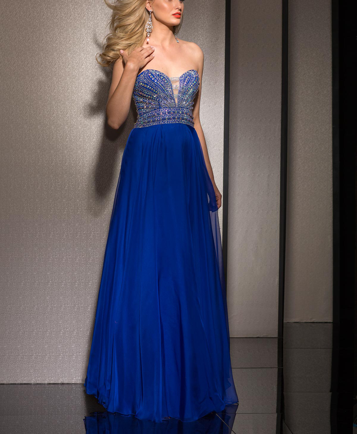 Strapless Junior Prom Dress Long Prom Gowns Royal Blue Beading Chiffon