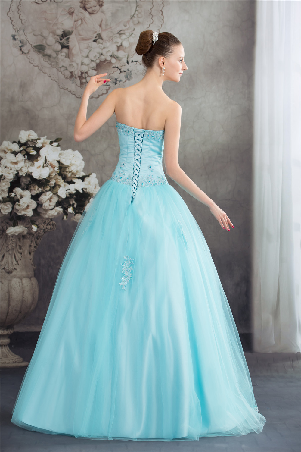 Light Blue Beading Corset Back Prom Dress Long Military Ball Gowns