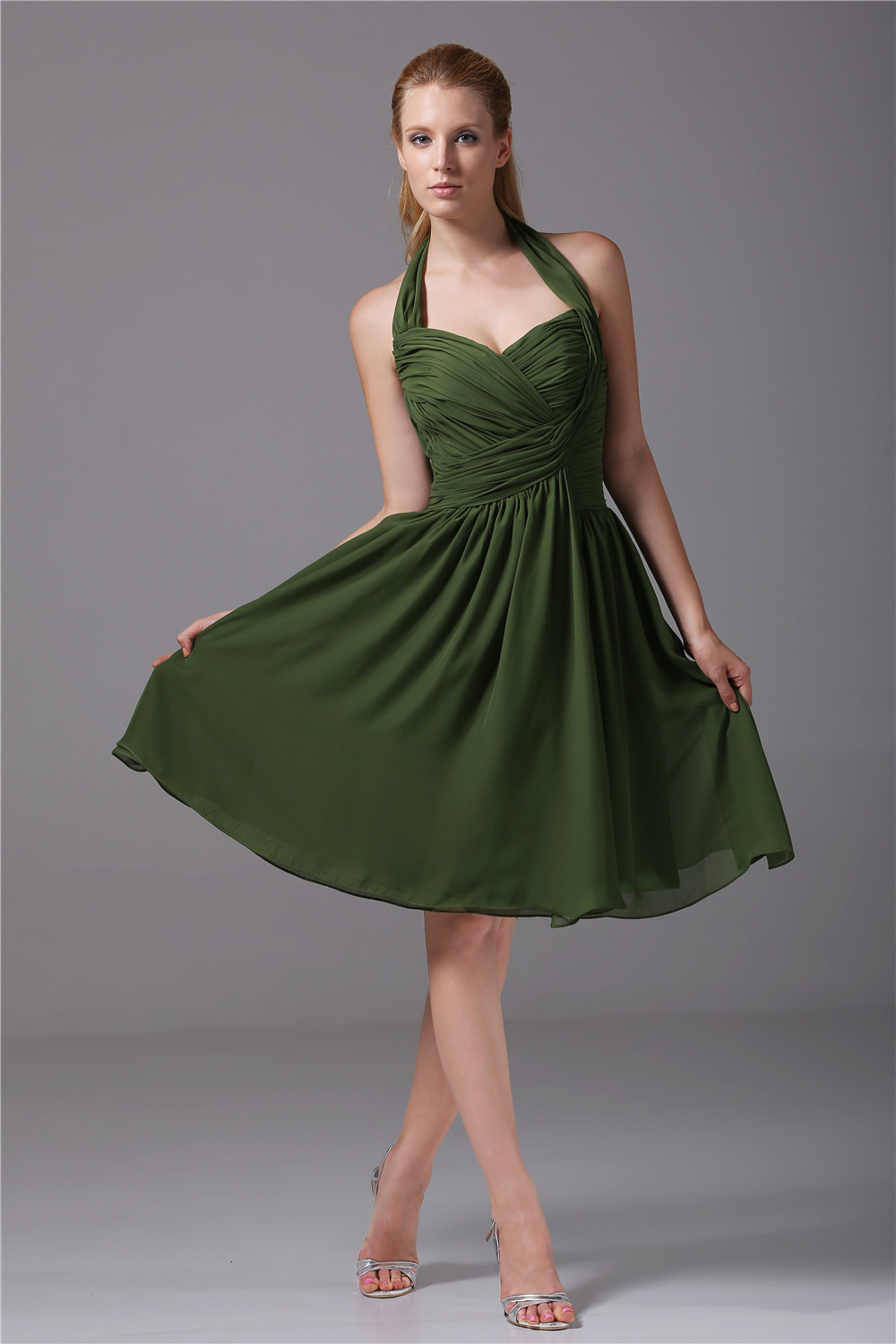 Dark Green Ruched Chiffon Bridesmaid Dresses Summer Wedding Guest Dress Halter Neckline Mother